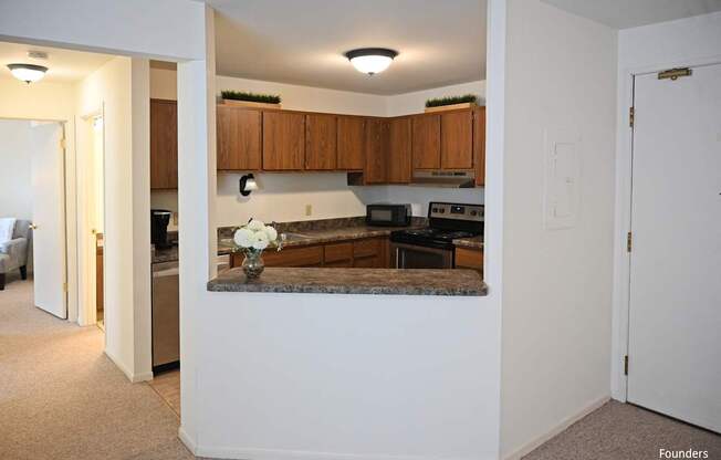 A kitchen with brown cabinets and a marble countertop.