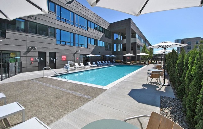 A pool area with a small pool and sun loungers.