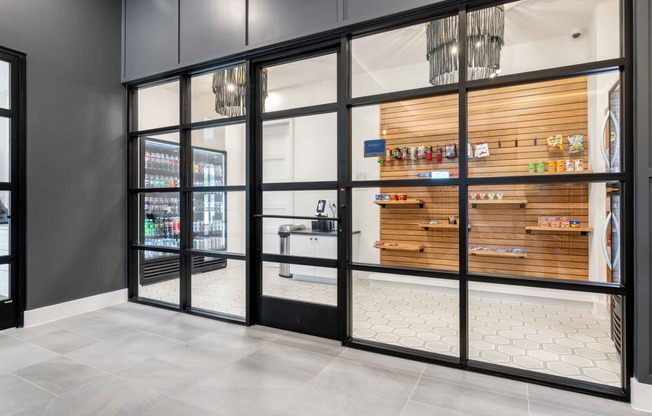 the lobby of a micro market with glass doors