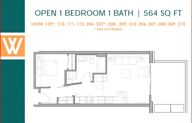 1 bed, 1 bath, 564 sqft, $2,099, Unit 109