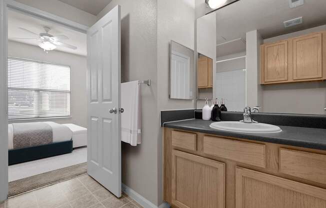 A master bathroom with a large vanity mirror and storage cabinets and drawers under the sink.