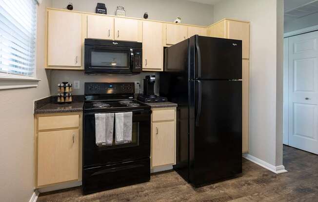 A black refrigerator stands next to a black stove in a kitchen.