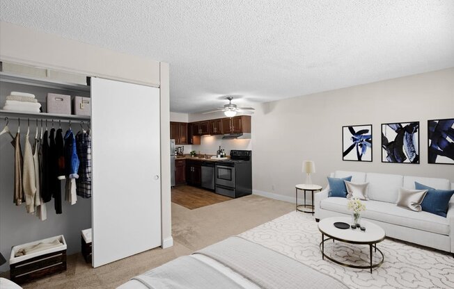 a living room and kitchen with a closet