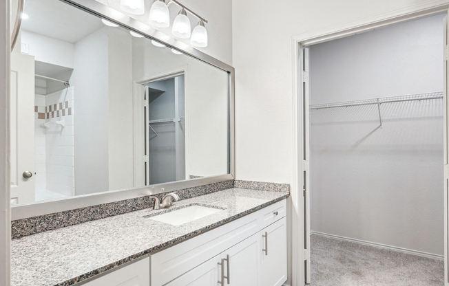 a bathroom with a sink and a mirror at La Ventura Apartments, Plano, 75093