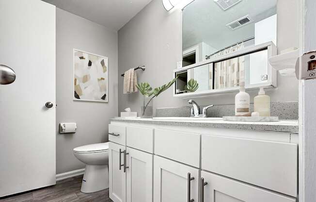 A white bathroom with a toilet, sink, and mirror.