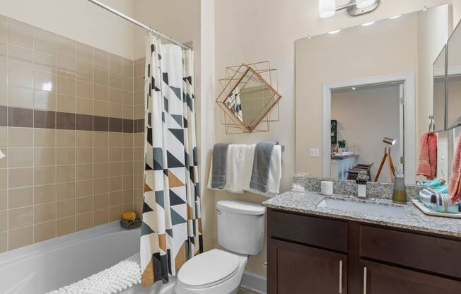 a bathroom with a shower toilet and sink and a mirror