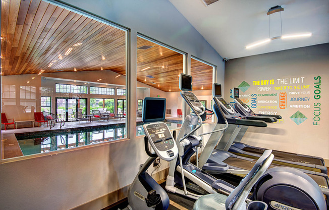 view from fitness center to indoor pool