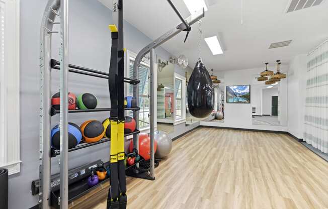 a home gym with weights and a punching bag