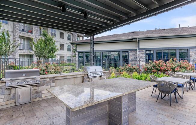 a bench in front of a building