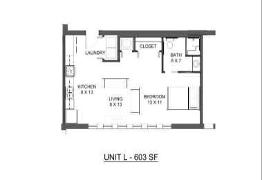 1 bed, 1 bath, 603 sqft, $1,342