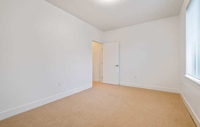 A room with a white door and a window with blinds.