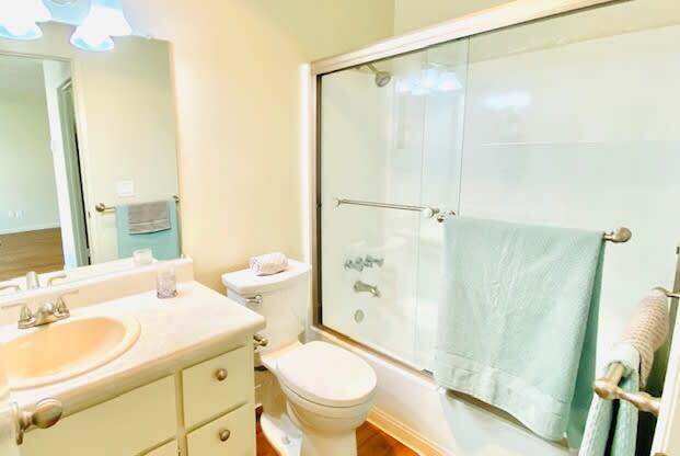 a bathroom with a shower toilet and a sink