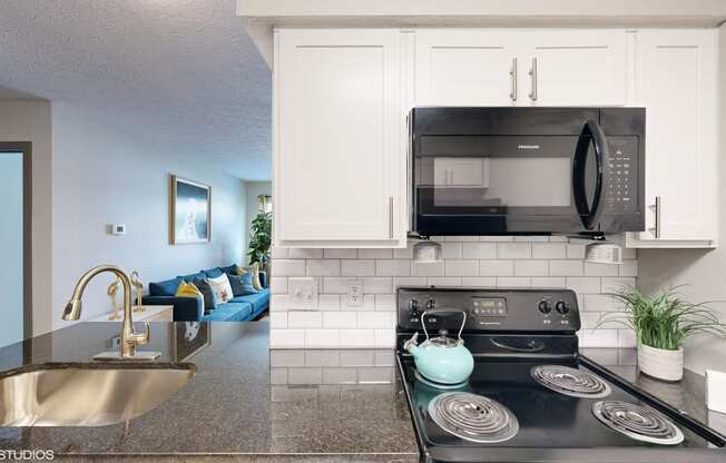 a kitchen with a stove and microwave and a sink