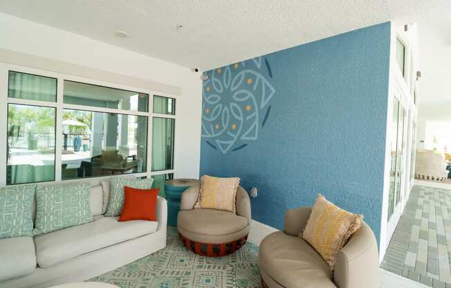 a living room with a blue wall and two couches