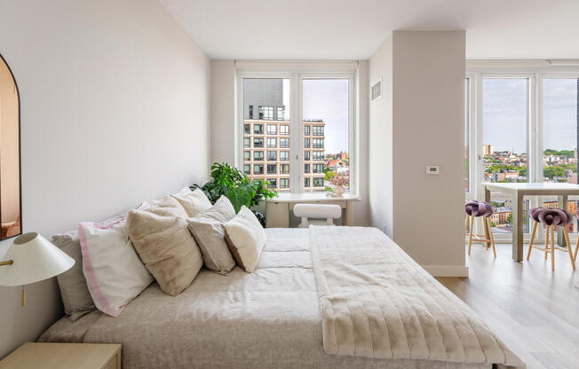 Large studio apartment in brooklyn with queen-sized bedroom and dining space