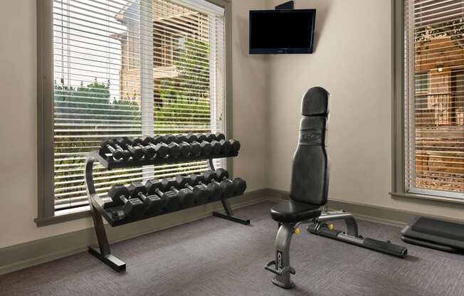 a fitness room with a chair and dumbbells and a television