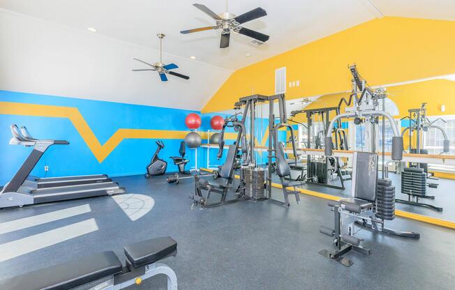 Brightly colored gym interior featuring exercise equipment, including treadmills, stationary bikes, weight machines, and free weights. Two ceiling fans and large mirrors enhance the space, with vibrant blue and yellow walls adding energy to the workout environment.