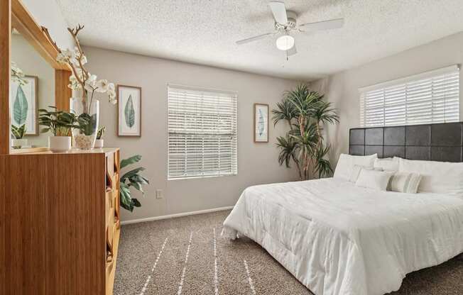A bedroom with a bed, a dresser, and a ceiling fan.