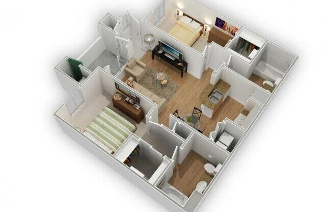 3D Graphic design of furnished two bedroom two bathroom floor plan