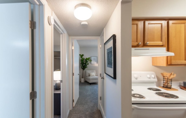 This is a photo of the hallway bedroom in the 822 square foot, 2 bedroom, 1 bath floor plan at Village East Apartments in Franklin, OH.