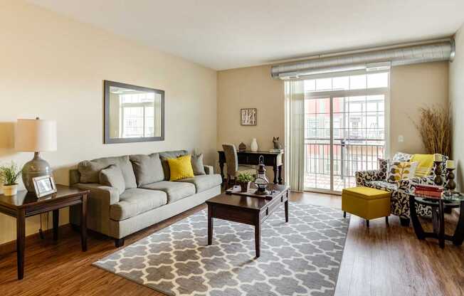 A living room with a grey couch and a grey rug.