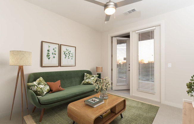 Carpeted Living Room with Balcony