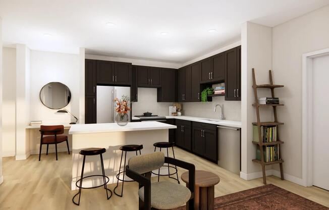 Gourmet kitchens with quartz countertops, 42-inch custom cabinetry with soft close, and under-cabinet lighting.