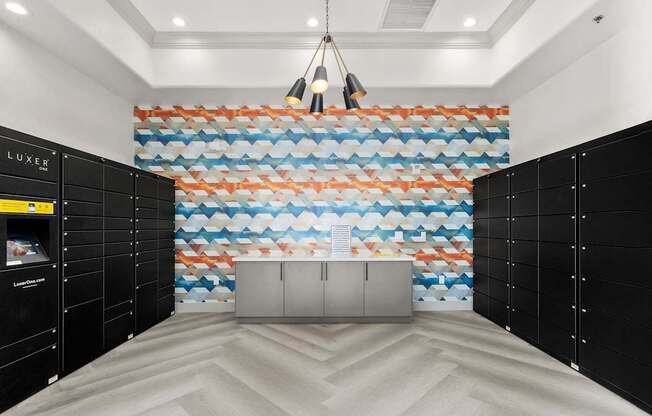 A room with a LUXER sign on the wall.