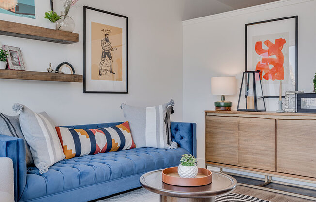 Living room with blue couch
