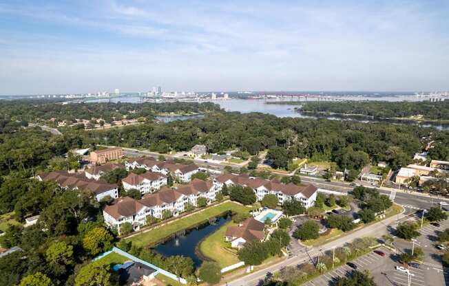 an aerial view of a neighborhood with a lake and a city in the background