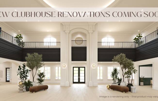 A rendering of a clubhouse interior with a balcony and a large doorway.