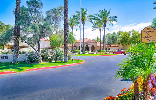 Beautiful, lush curb appeal at Ventana Apartment Homes in Central Scottsdale, AZ, For Rent. Now leasing 1 and 2 bedroom apartments.