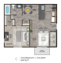 1 bed, 1 bath, 624 sqft, $1,009