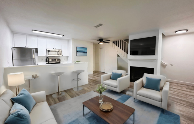 Virtual staged living room and kitchen