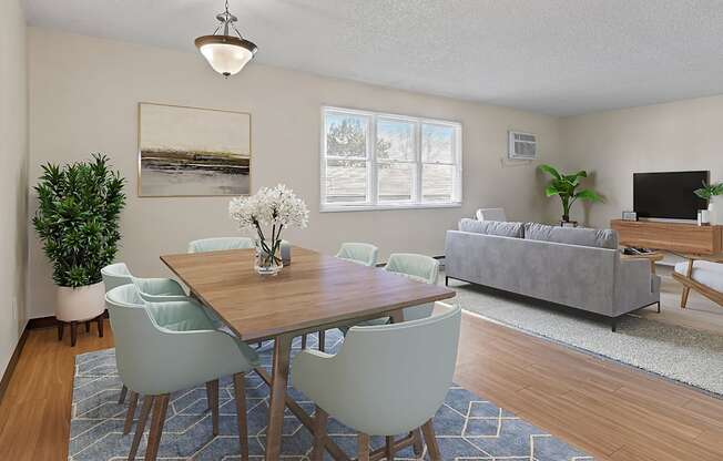 a living room with a table and chairs and a couch