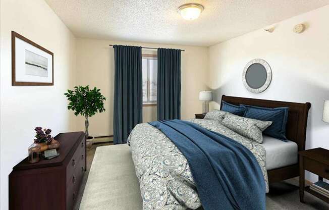 A bedroom with a bed, nightstand, and window with curtains.