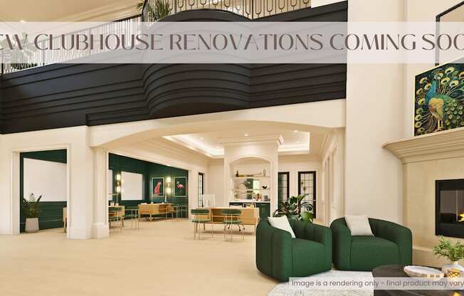 A rendering of a clubhouse interior with green couches and a fireplace.
