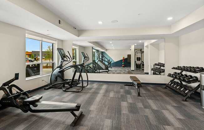 A gym with a treadmill, weights, and exercise equipment.