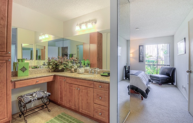 A kitchen with wooden cabinets and a countertop with a green vase on it.
