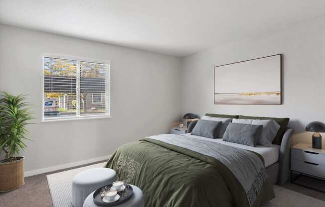Model Bedroom with Carpet and Window View at Overlook Point Apartments in Salt Lake City, UT.