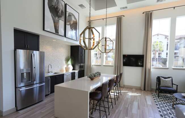 resident kitchen with fridge and lounge seating at Capriana at Chino Hills, Chino Hills, 91709