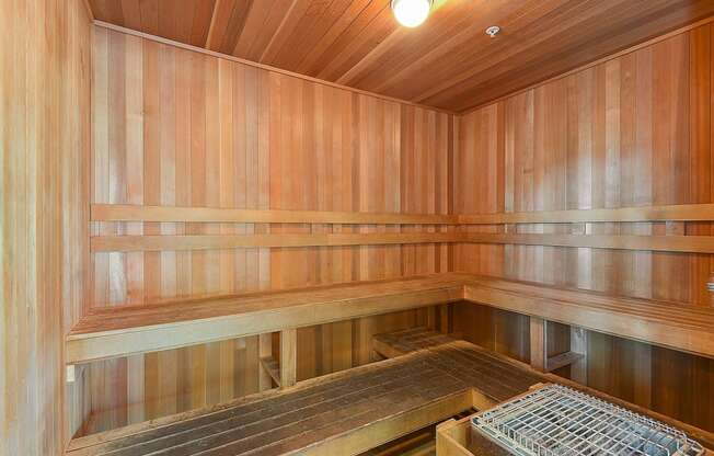Wooded sauna for use by residents of Onnix Apartments in Tempe, AZ