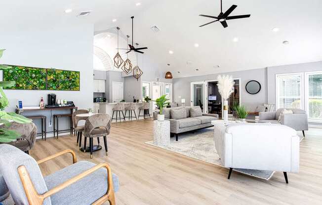 A living room with a grey sofa and a wooden chair.