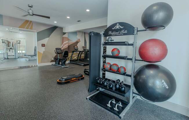 A gym with a variety of equipment including a treadmill, weights, and a fan.