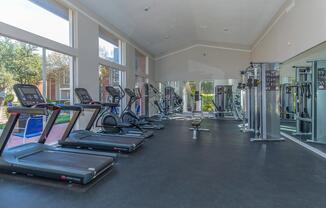 A modern gym interior featuring several treadmills, weight machines, and a bench press. Large windows let in natural light, illuminating the space. The gym floor is covered with black rubber flooring, and mirrored walls enhance the open feel of the area. Greenery is visible outside through the windows.