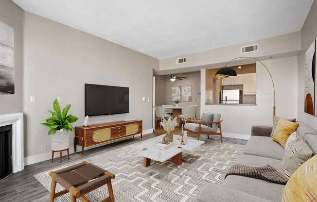 A living room with a fireplace and a television.