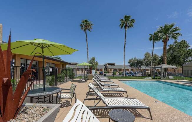 a pool with chairs and umbrellas and palm trees