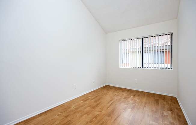 the spacious living room of an apartment with wood flooring and a window