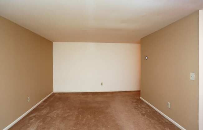 an empty room with carpet and a white wall