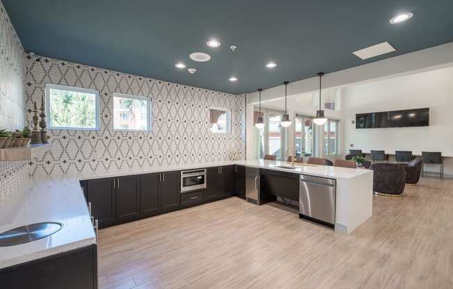 a kitchen and living room with a sink and a counter